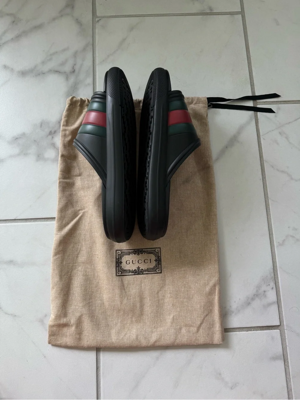 Gucci Black Slides with Red and Green Stripes
